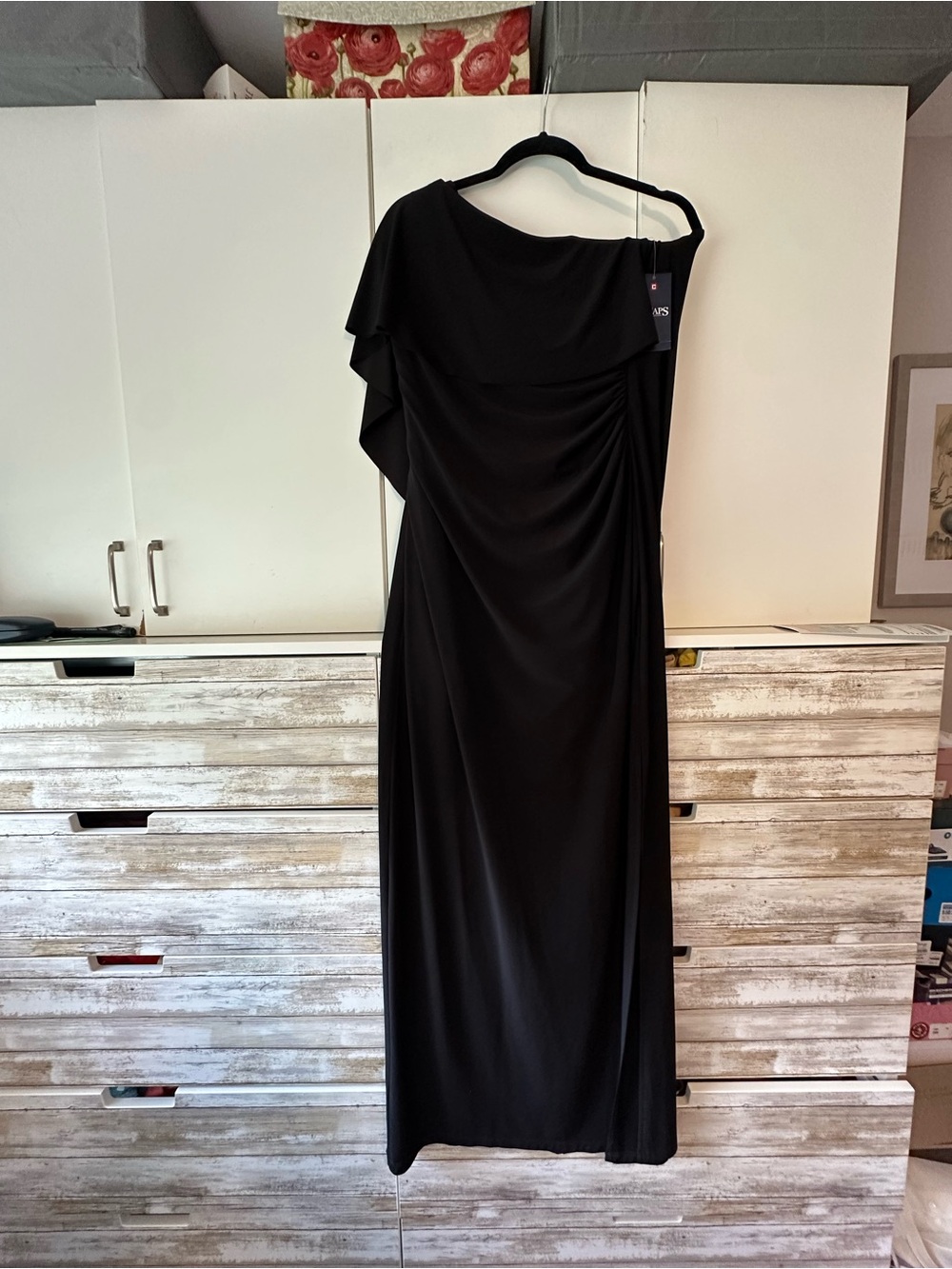 🖤 NWT Chaps Black Cape Overlay Ruched Evening Gown Formal Dress Size 16